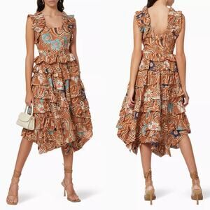 Ulla Johnson Nia Midi Dress in Copper Floral Ruffle Tiered Skirt Size 0/XS